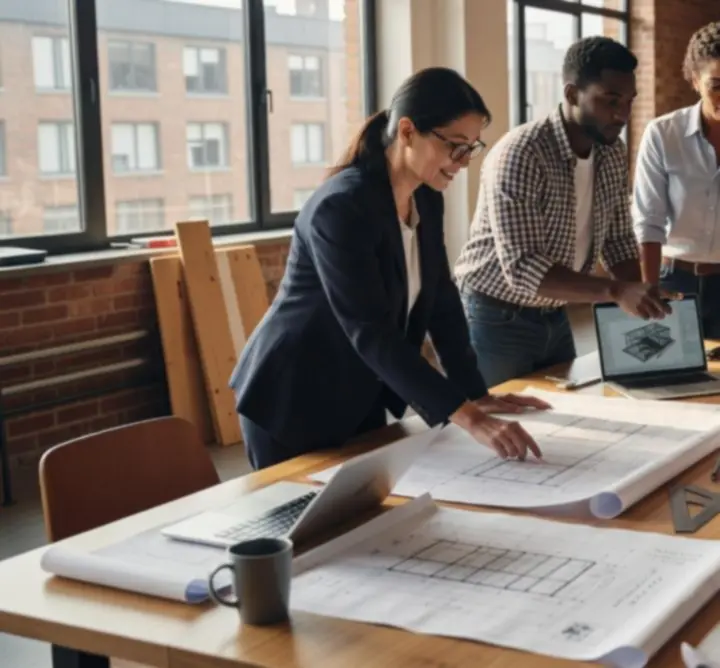 Multidisciplinary engineering team reviewing technical drawings and digital models around a table