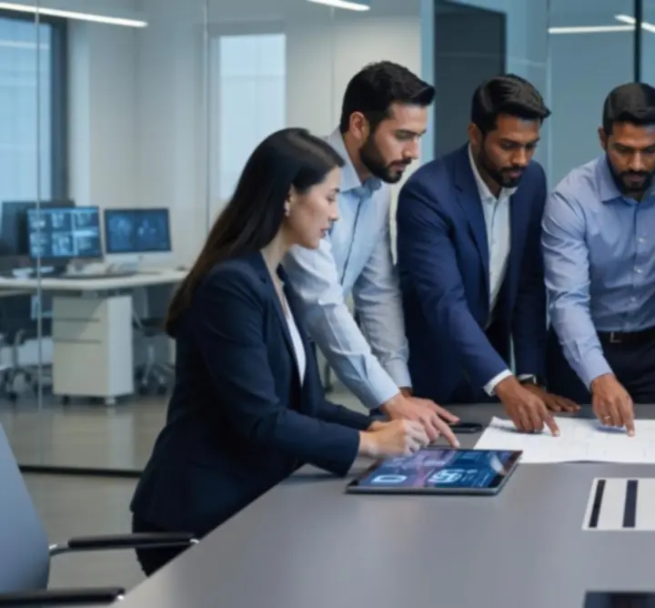 Engineering team reviewing technical plans in a modern project office
