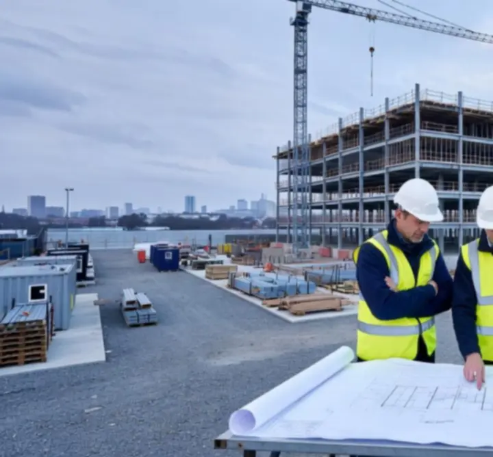 Modern construction site with cranes and structural steelwork under precise engineering supervision