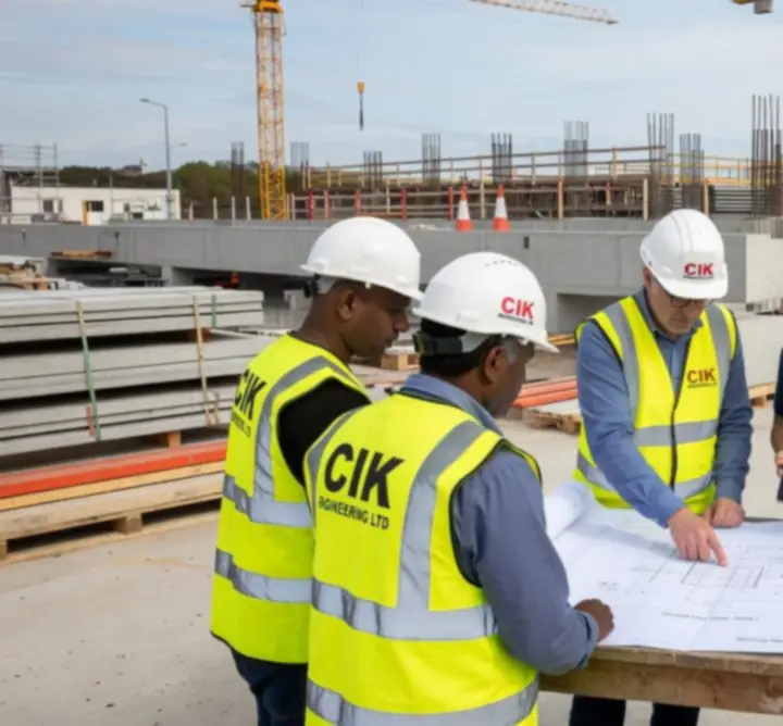 Industrial construction site with structural steel and cranes in operation