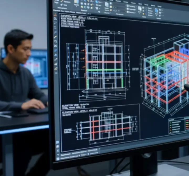 Technical engineering schematics and BIM models displayed on screen